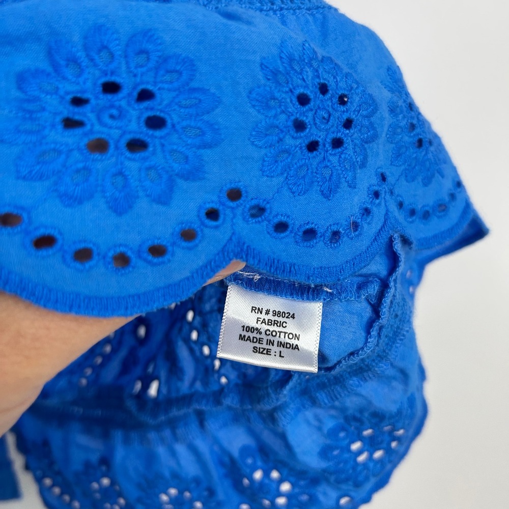 Cottagecore Eyelet Ruffle Sleeve Top Large Blue Boho Romantic Summer Blouse - Picture 3 of 8
